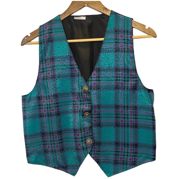 Vintage Jackets & Blazers - Vintage 80s plaid button front vest teal purple one size